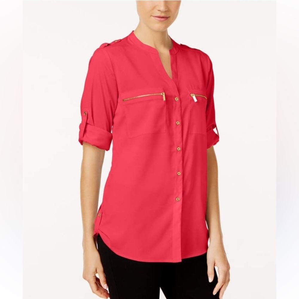 Calvin Klein Pink Button-Down Shirt with Gold Accents Medium Preppy Office Chic